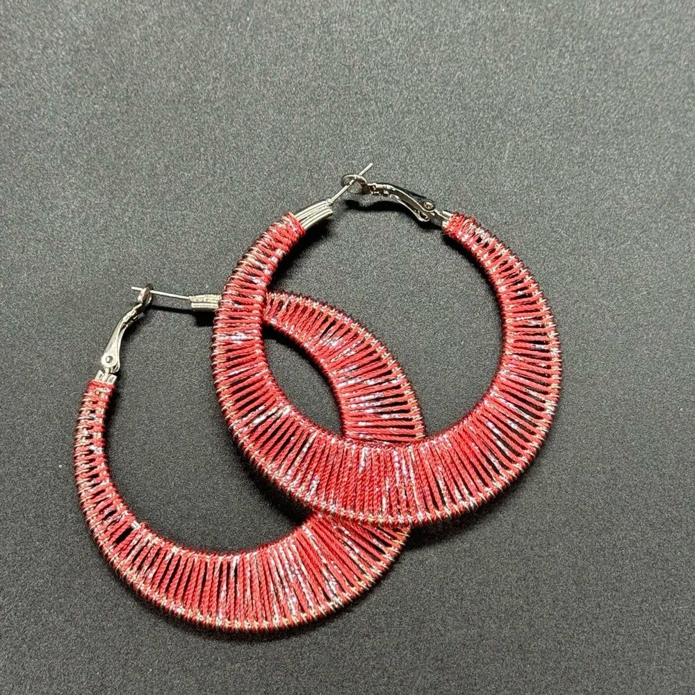 Pink & Silver Threaded Sparkling Hoop Earrings 2.5 inch